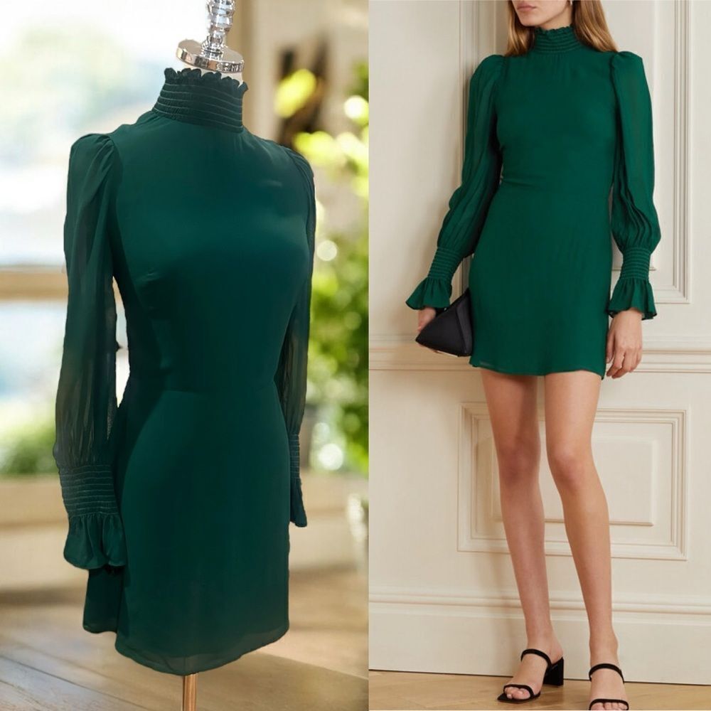 Reformation Archie Shirred Georgette Mini Dress Green Women’s 4 Long-Sleeve High
